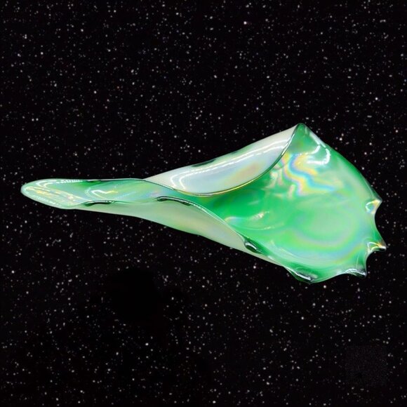 Polish Art Glass Folded Bowl Dish Glass Green Iridescent Poland Vintage 10”W 2”T - Picture 3 of 16